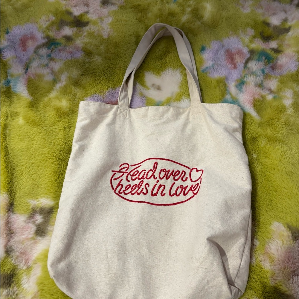 Uniqlo Head Over Heels In Love Cream Tote Bag with Red Embroidery